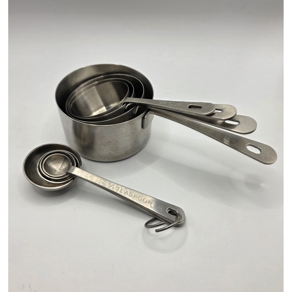 Vtg Amco 18/8 Stainless Steel Measuring Cups & Spoons 8pc Heavy Duty Rustproof